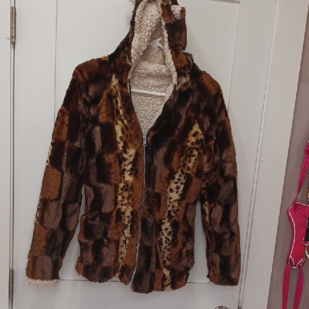 SILKY & SOFT Animal Print Faux Fur Spots Stripes Sherpa Zip Hoodie Jacket Coat S